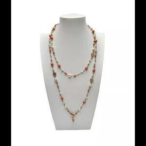 Tory Burch Faux Pearl & Resin Evie Logo good orange Convertible  Necklace $258